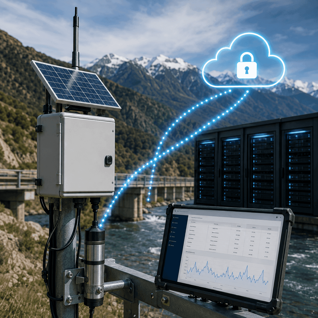 Estación hidrométrica conectada a un servicio de respaldo y visualización en la nube