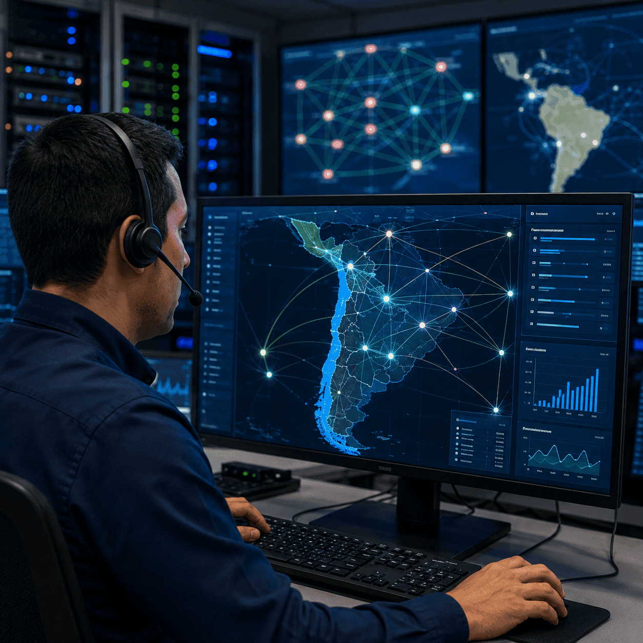 Especialista gestionando servicios mayoristas de telecomunicaciones mediante SAM Chile